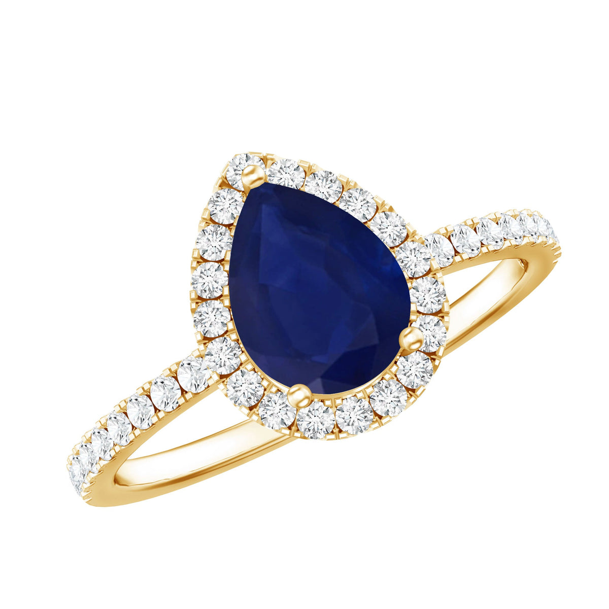 Natural Blue Sapphire and Diamond Teardrop Halo Engagement Ring