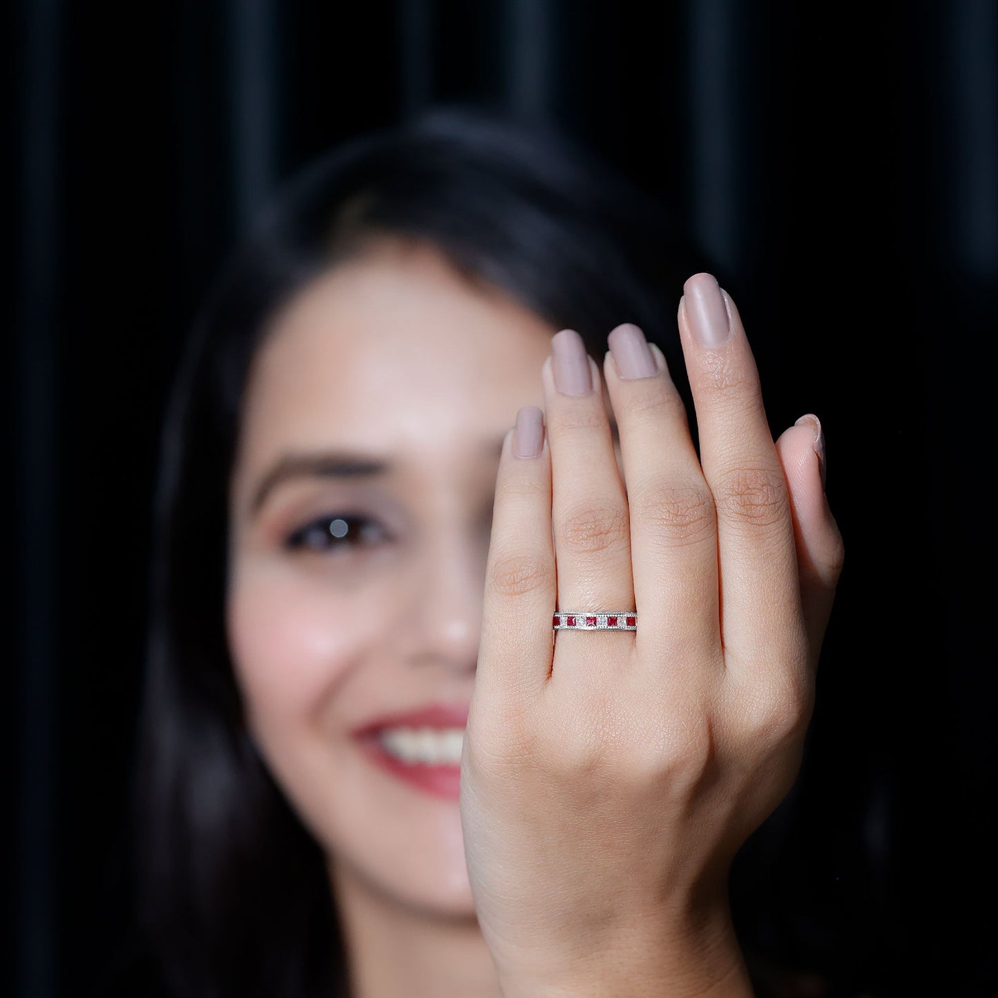 Certified Natural Princess Cut Ruby Eternity Ring with Moissanite