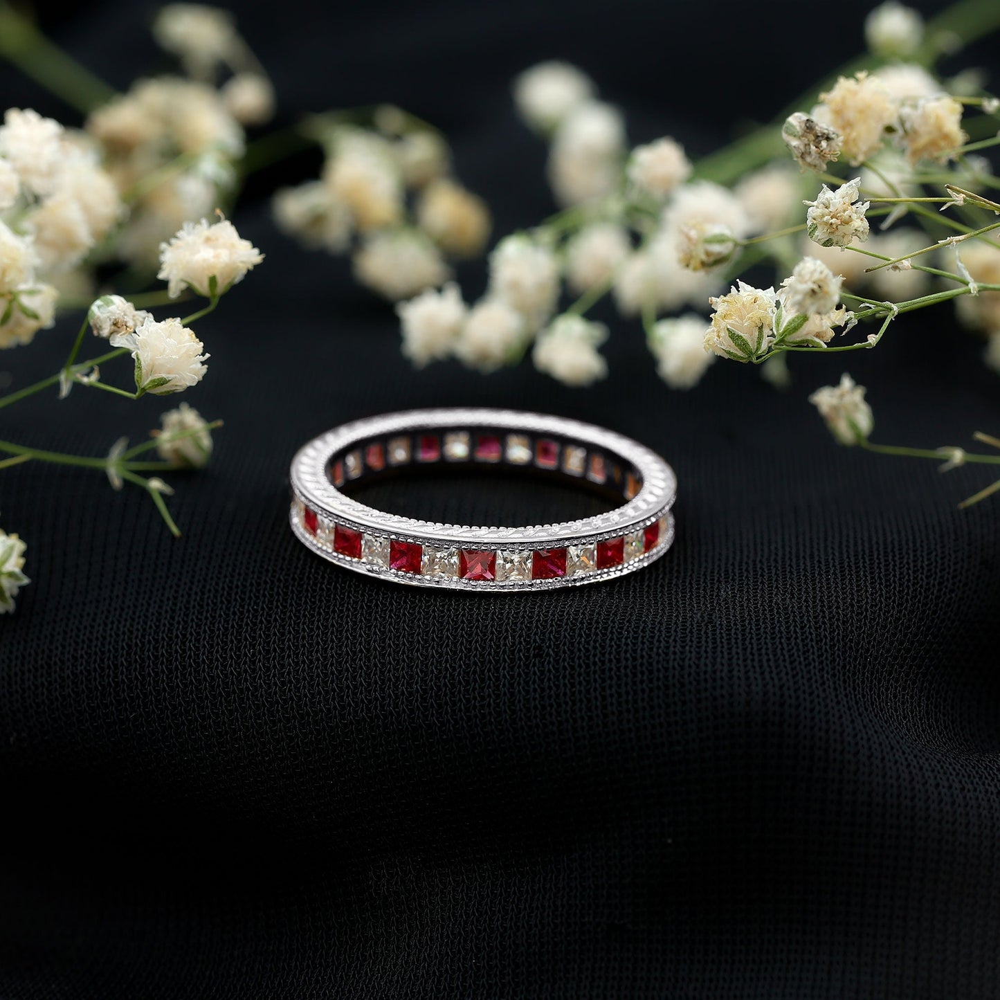 Certified Natural Princess Cut Ruby Eternity Ring with Moissanite
