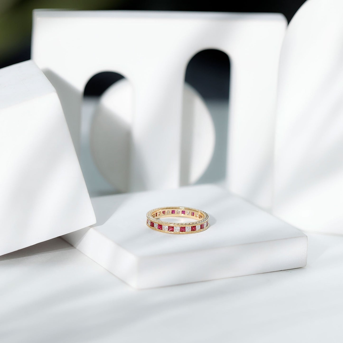 Certified Natural Princess Cut Ruby Eternity Ring with Moissanite