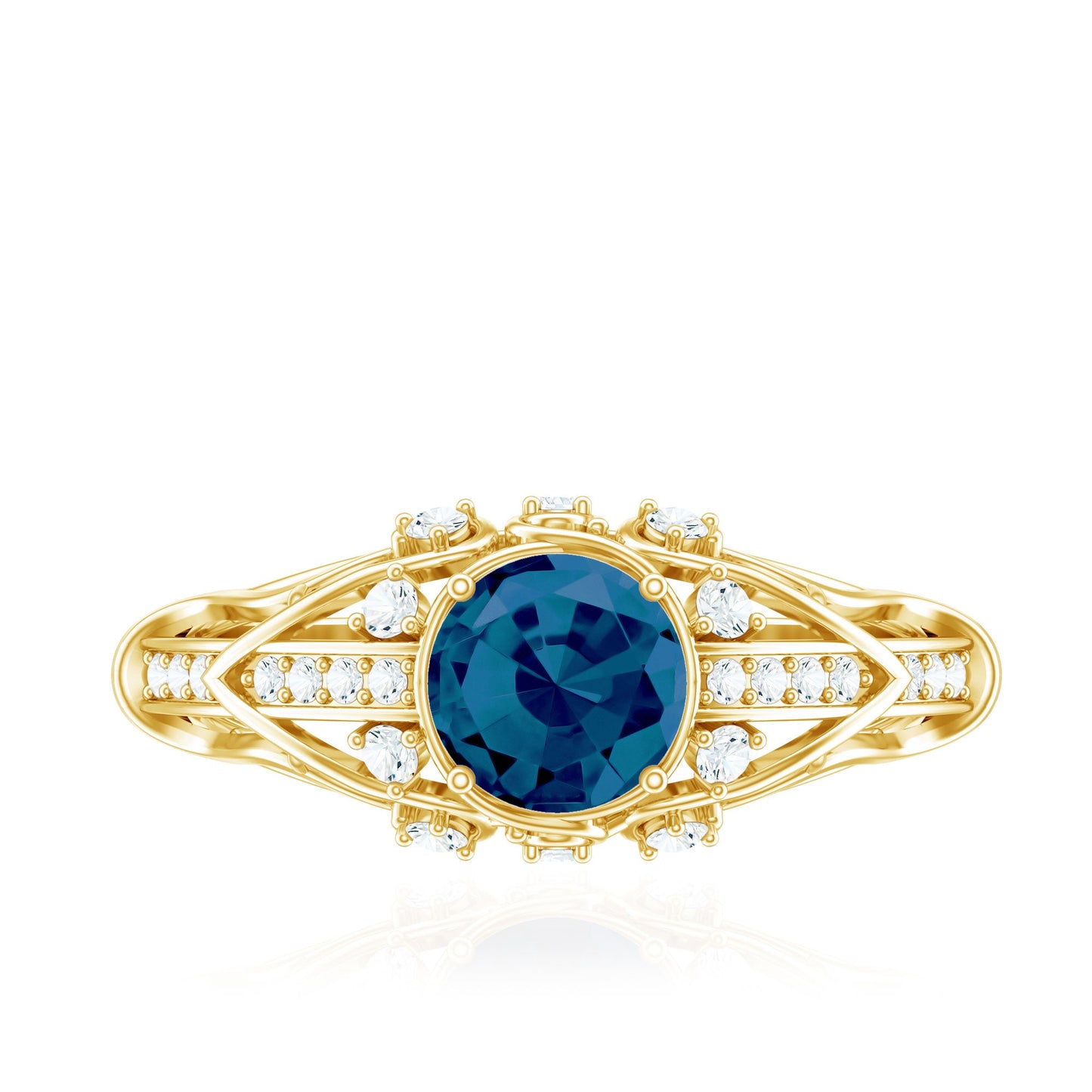 1.3 Carat Round London Blue Topaz Vintage Looking Engagement Ring with Diamond