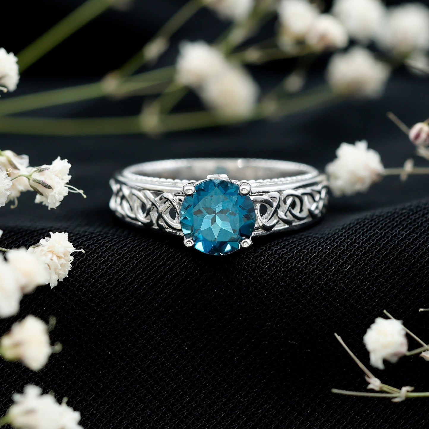 1.35 Carat Round London Blue Topaz Vintage Engagement Ring with Celtic Style Band