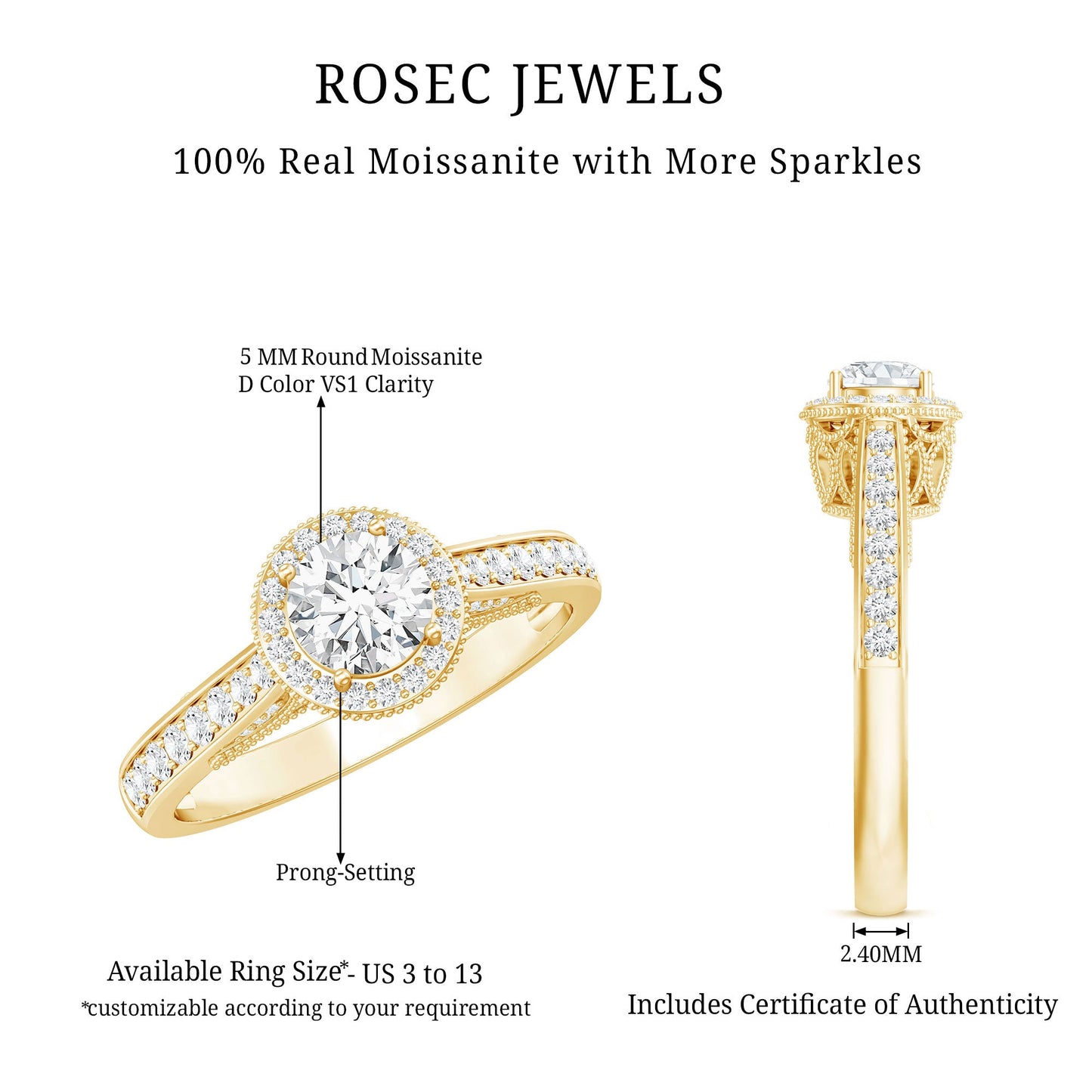 Certified Round Moissanite Halo Engagement Ring for Women