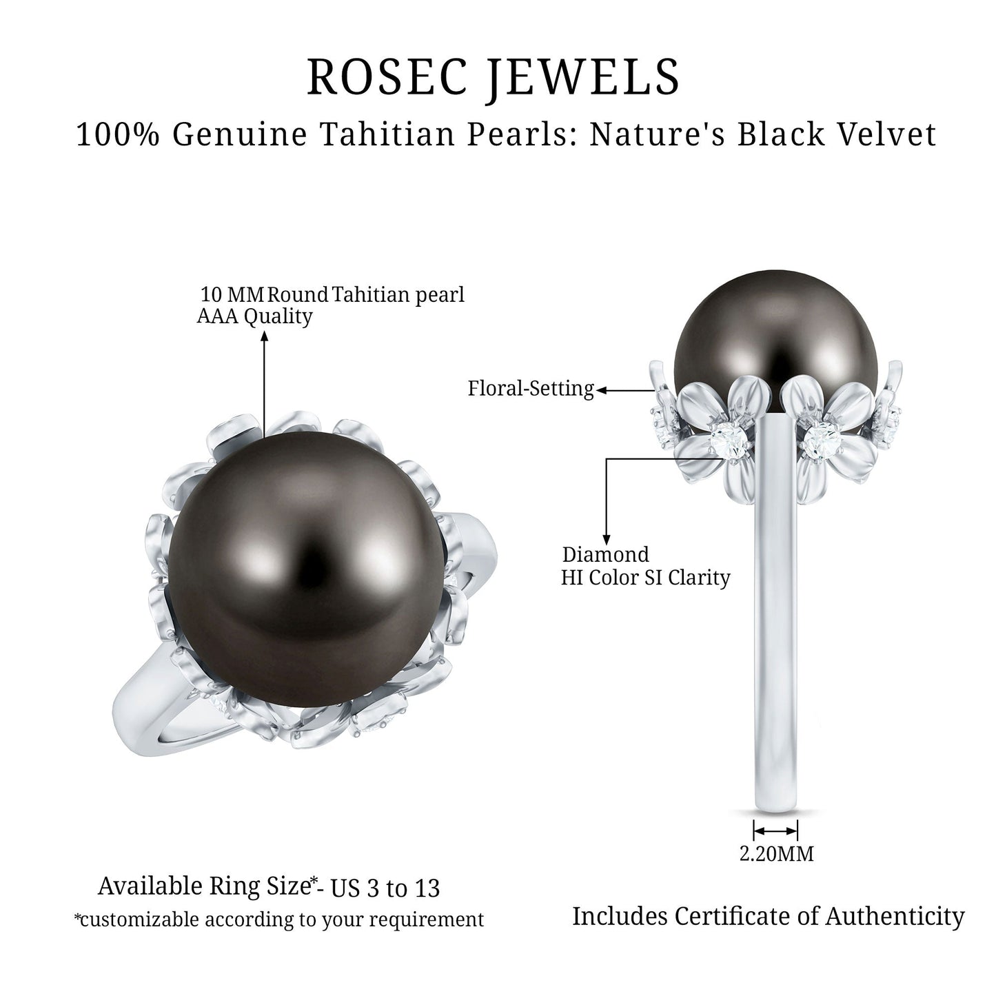 8 Carat Solitaire Tahitian Black Pearl Engagement Ring with Floral Setting