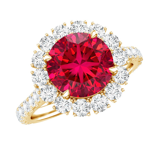 Round Lab Created Ruby and Moissanite Halo Engagement Ring