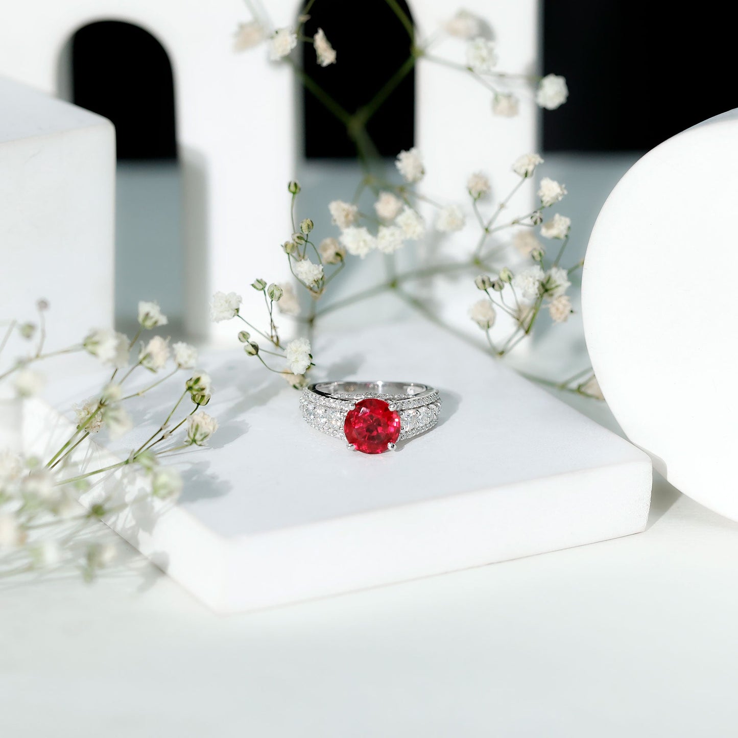 Created Ruby Statement Engagement Ring with Moissanite Side Stones