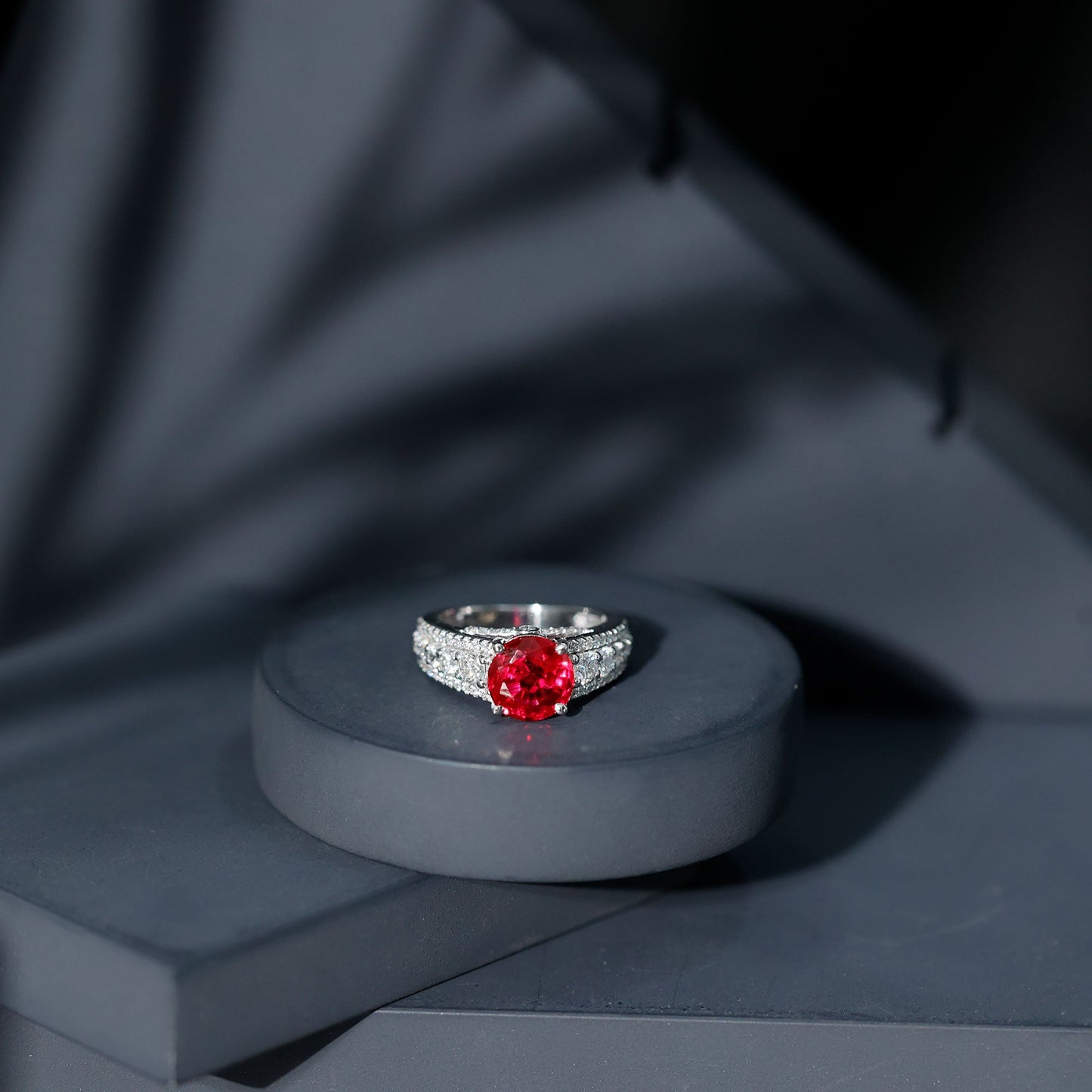 Created Ruby Statement Engagement Ring with Moissanite Side Stones