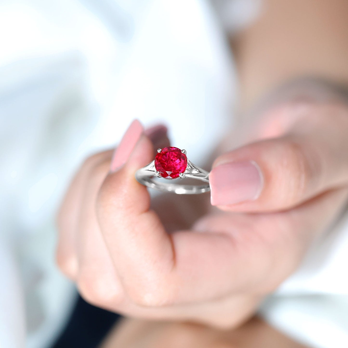2.3 Carat Round Lab Grown Ruby Solitaire Engagement Ring in Split Shank