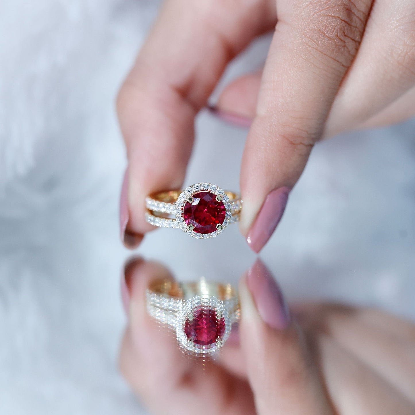 Lab Created Ruby Halo Wedding Ring Set with Moissanite