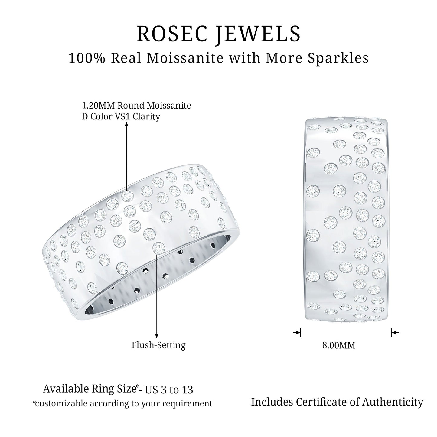 Certified Moissanite Wide Wedding Band in Flush Setting