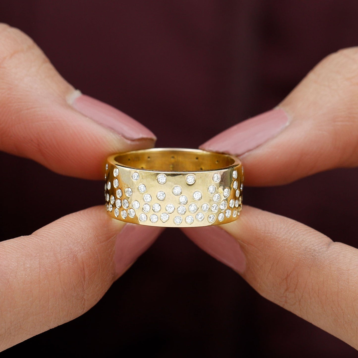 Certified Moissanite Wide Wedding Band in Flush Setting