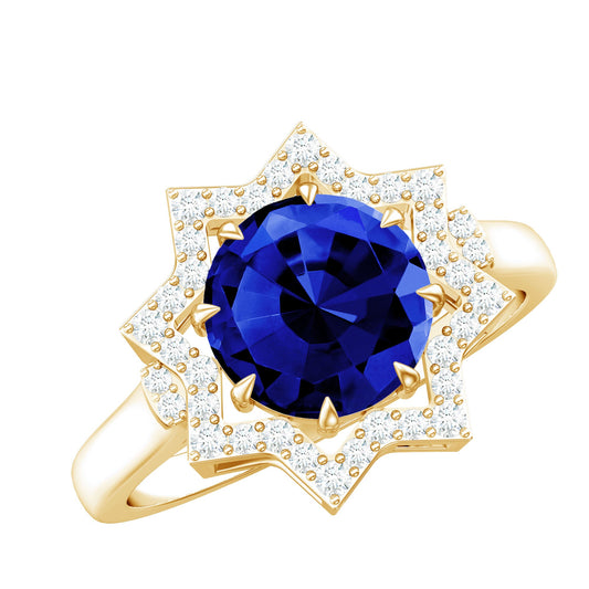Certified 2.7 Carat Lab Grown Blue Sapphire Engagement Ring with Diamond Star Halo