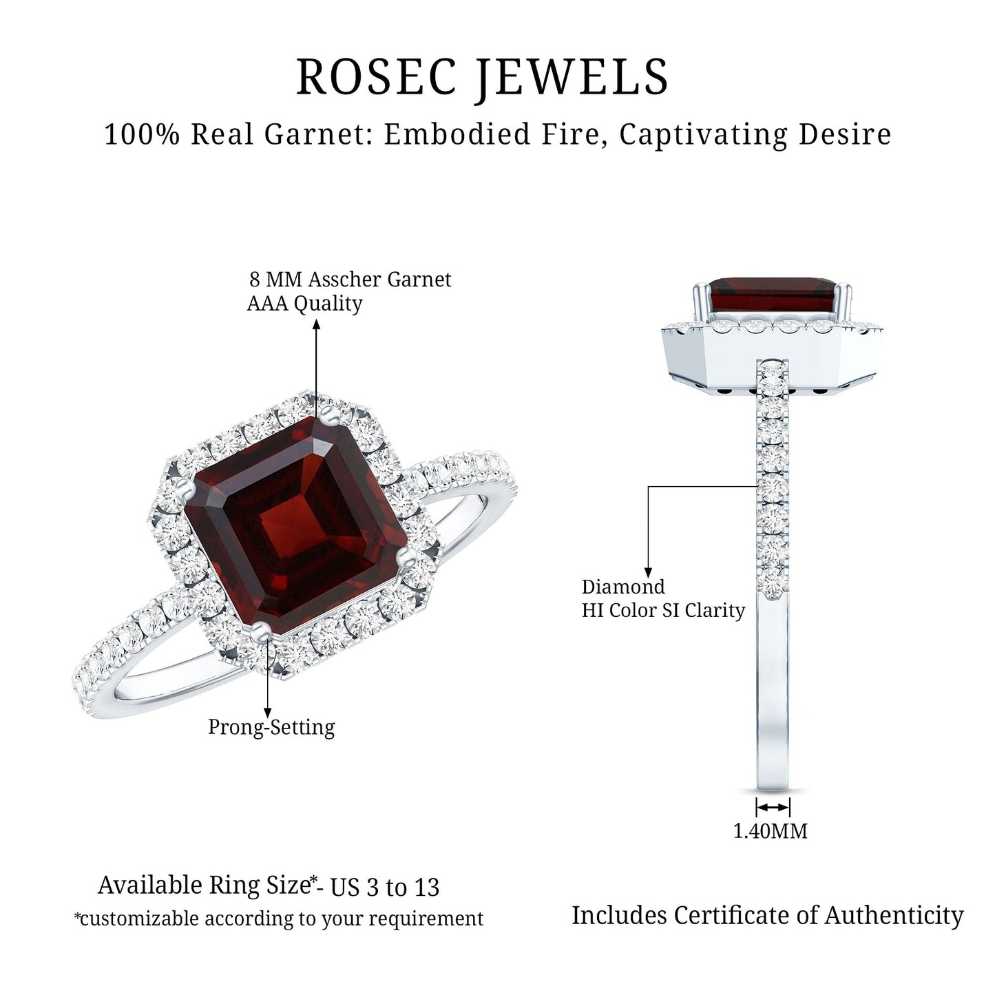 Natural 3.3 Carat Garnet Asscher Cut Engagement Ring with Diamond Halo