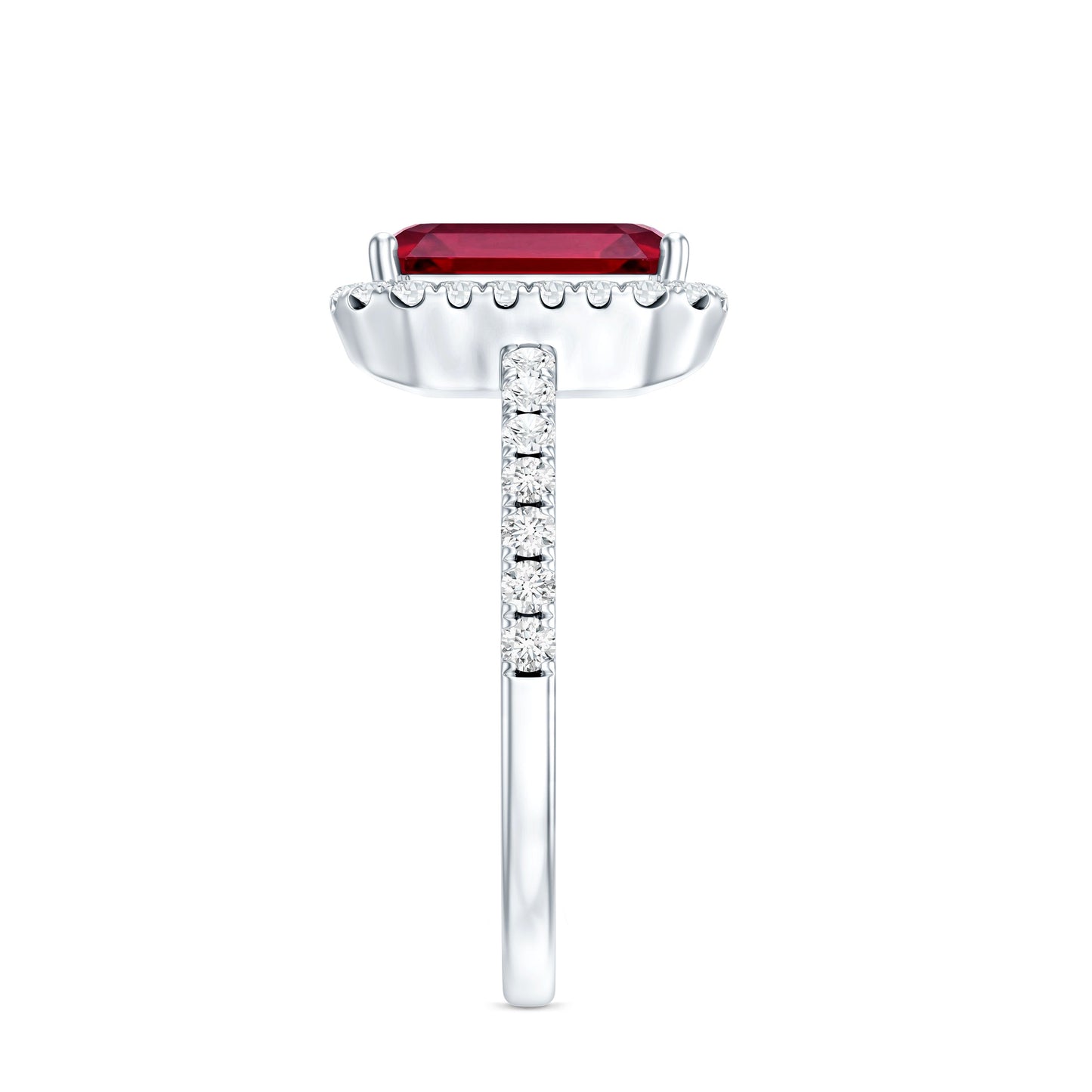 Lab Created Emerald Cut Ruby Engagement Ring with Diamond Halo