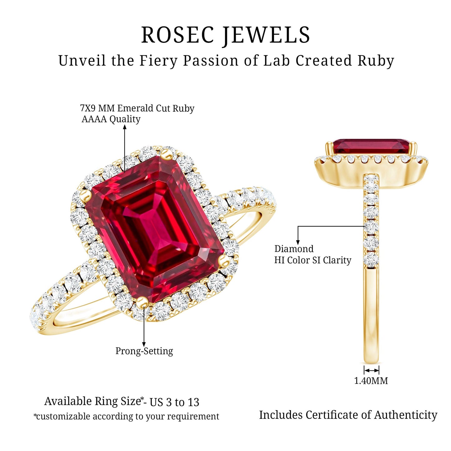 Lab Created Emerald Cut Ruby Engagement Ring with Diamond Halo