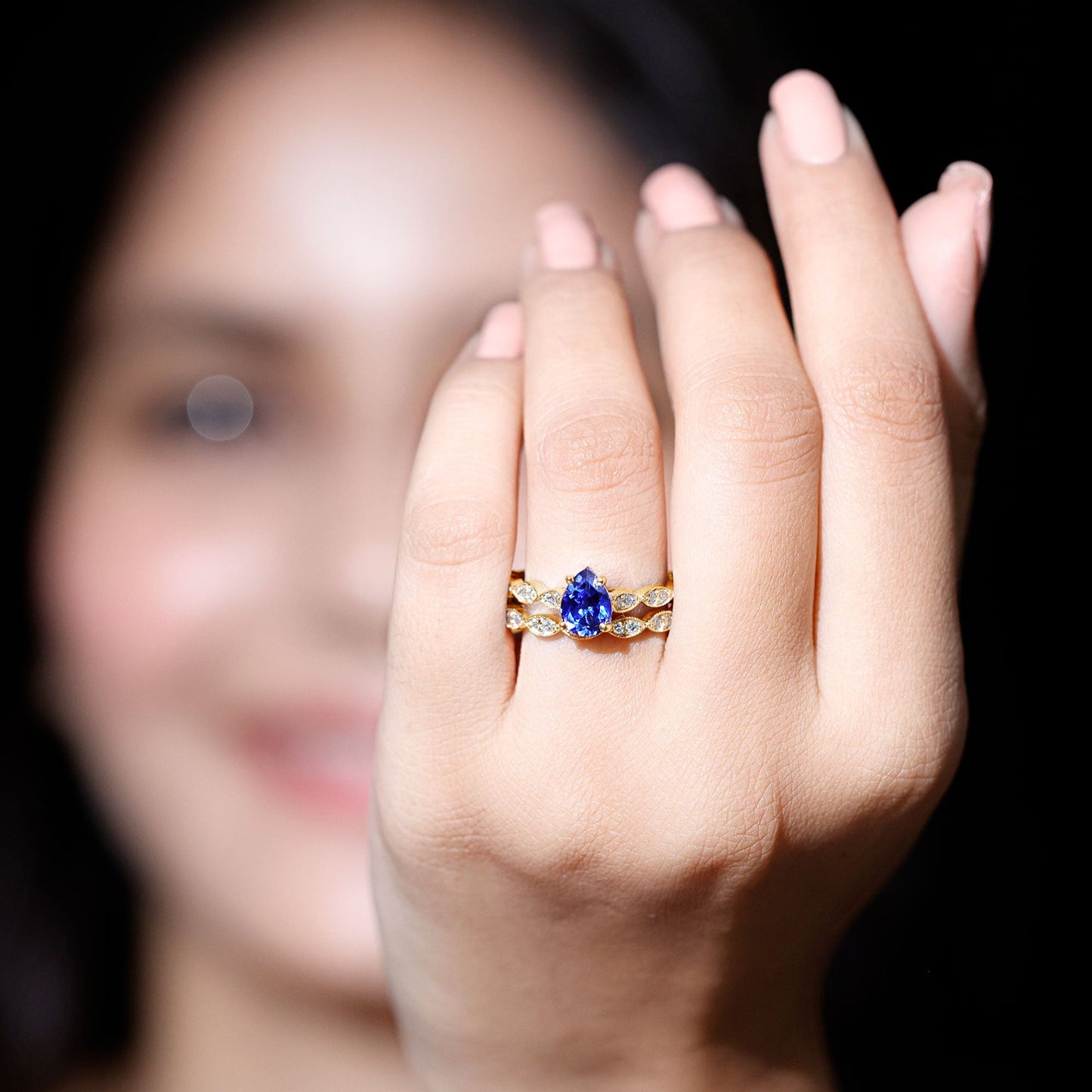 1.6 Carat Pear Lab Grown Blue Sapphire Engagement Ring with Diamond Band