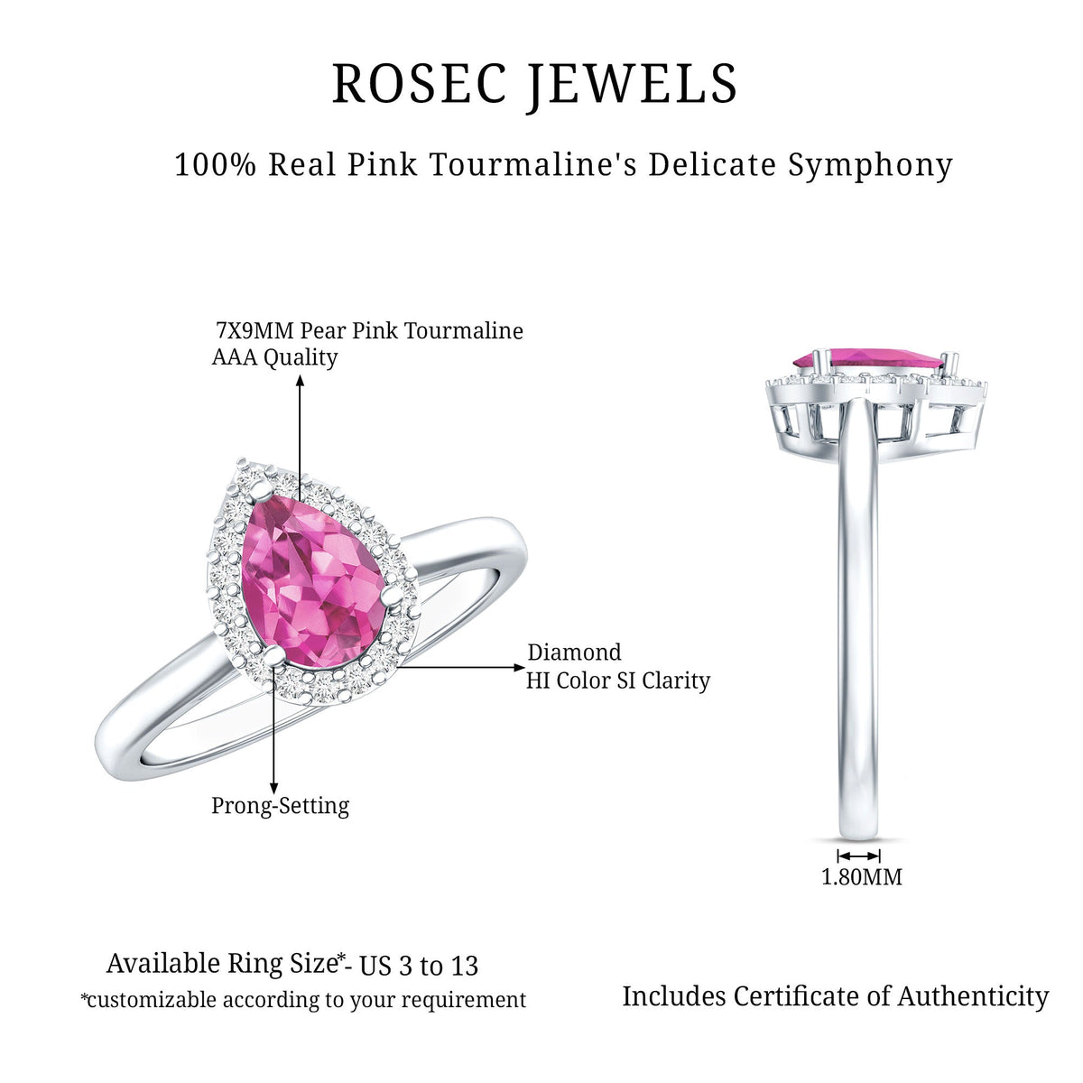1.6 Carat Pear Shape Pink Tourmaline Ring with Diamond Halo