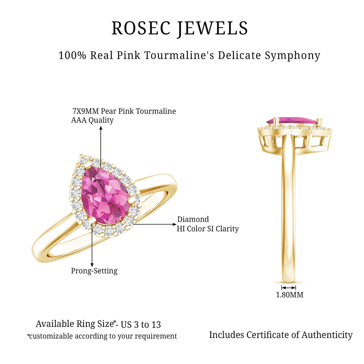 1.6 Carat Pear Shape Pink Tourmaline Ring with Diamond Halo