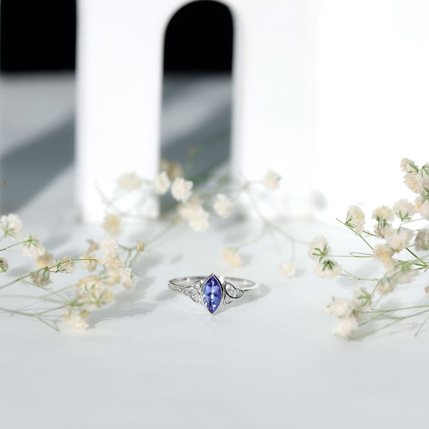 Natural Bezel Set Marquise Tanzanite Promise Ring with Celtic Knot