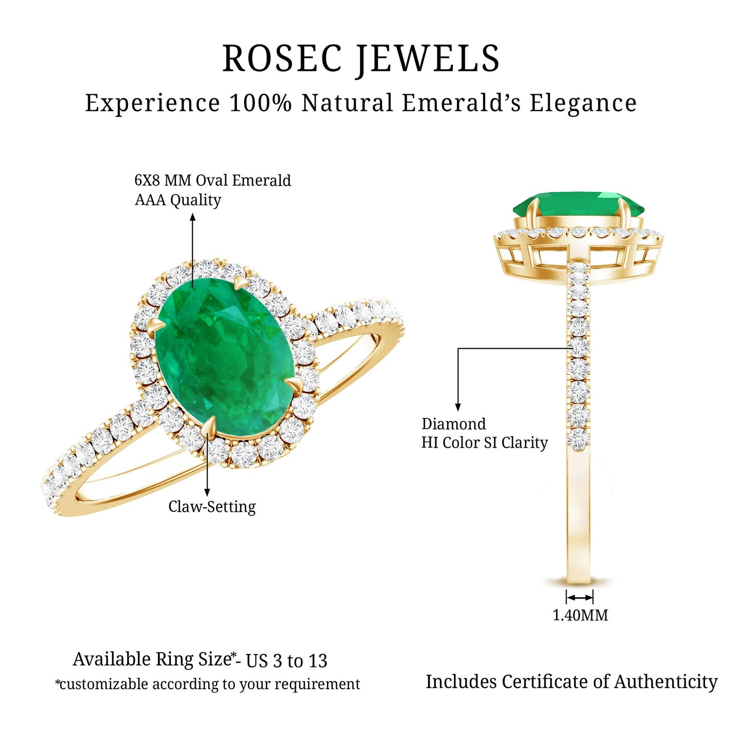 Genuine 6X8MM Oval Emerald Engagement Ring with Diamond Halo