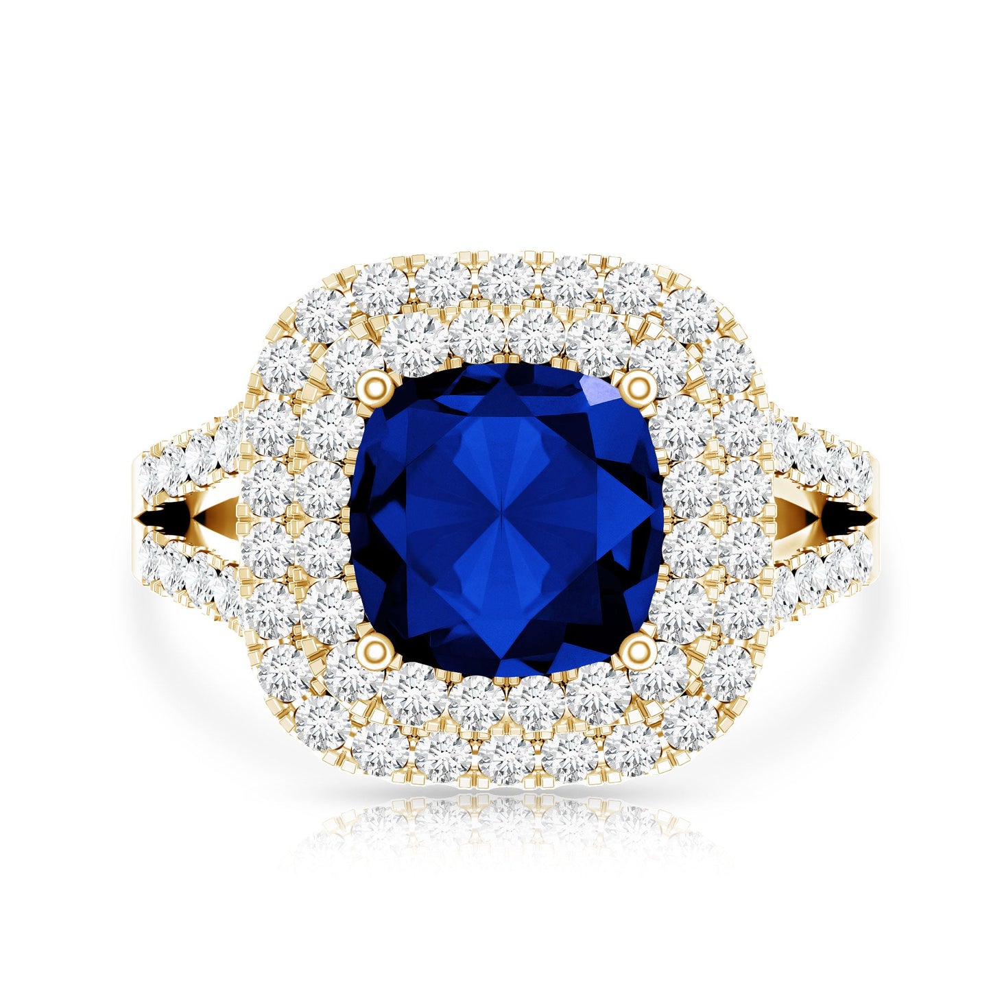 2.7 Carat Cushion Cut Lab Grown Blue Sapphire Engagement Ring with Double Halo