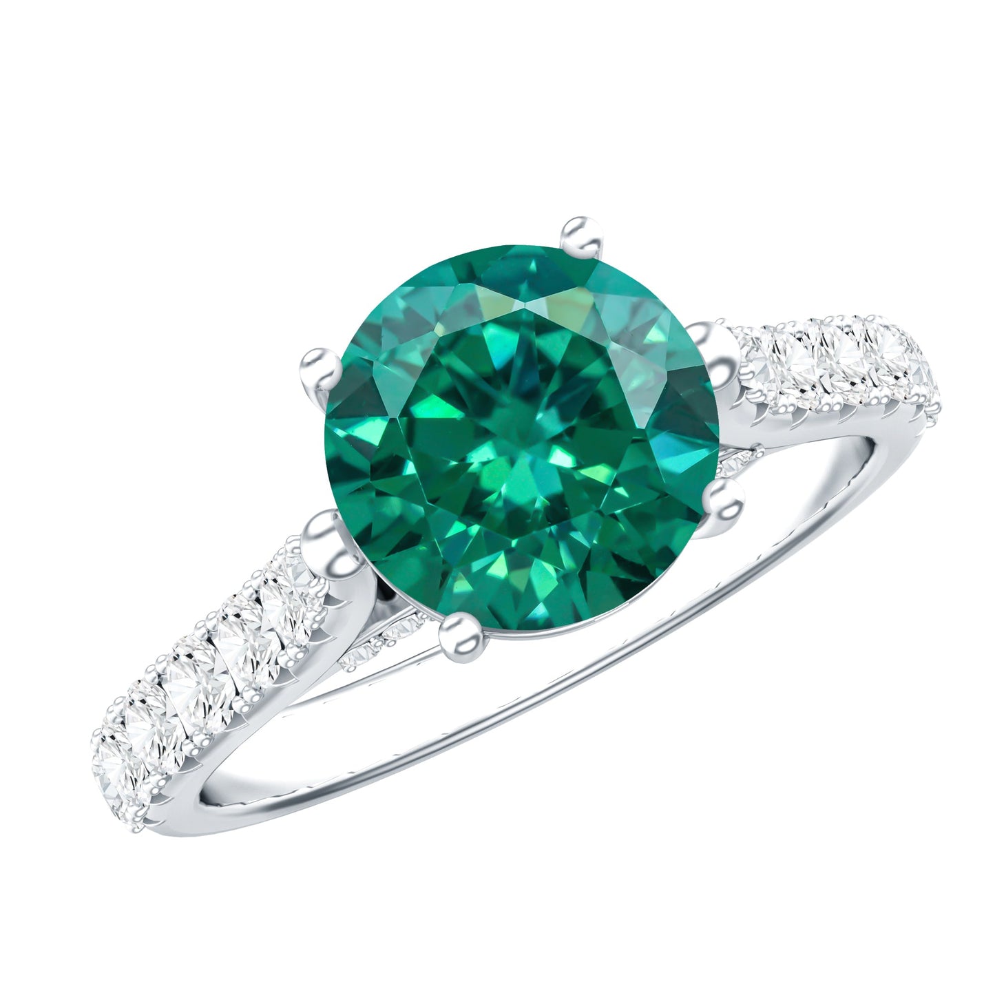 Lab Created Emerald Solitaire Engagement Ring with Diamond Side Stones