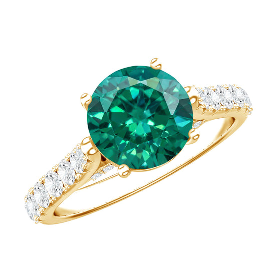 Lab Created Emerald Solitaire Engagement Ring with Diamond Side Stones