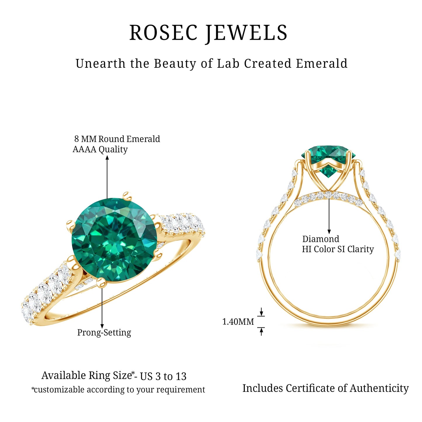 Lab Created Emerald Solitaire Engagement Ring with Diamond Side Stones