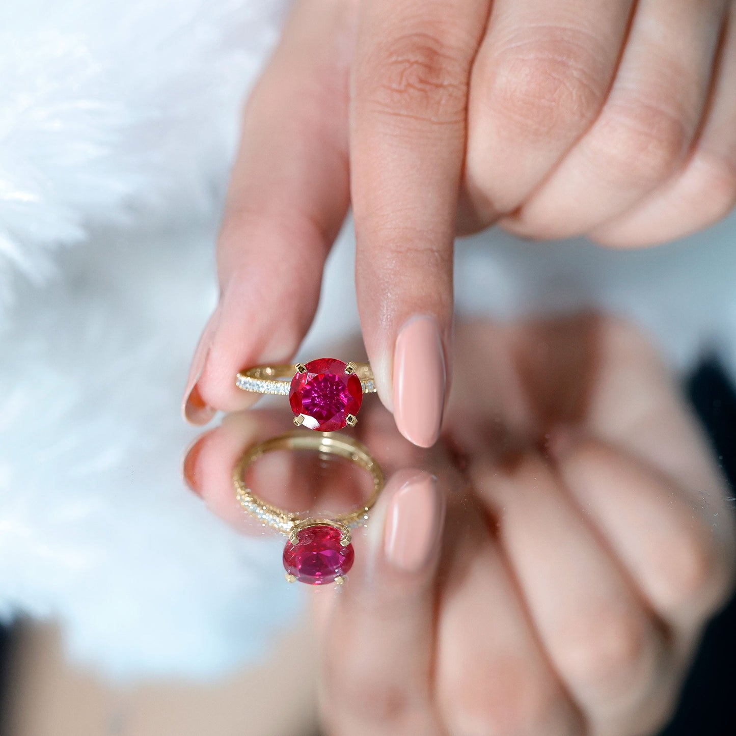 Round 5 Carat Lab Created Ruby Huge Engagement Ring with Diamond Side Stones