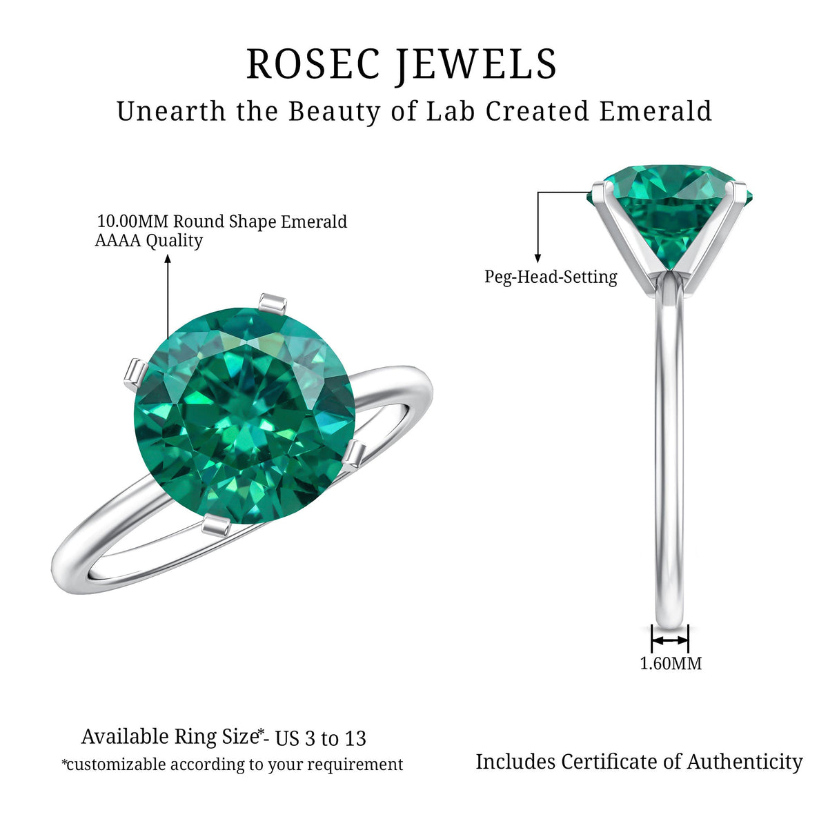 3.5 Carat Round Lab Created Emerald Solitaire Engagement Ring