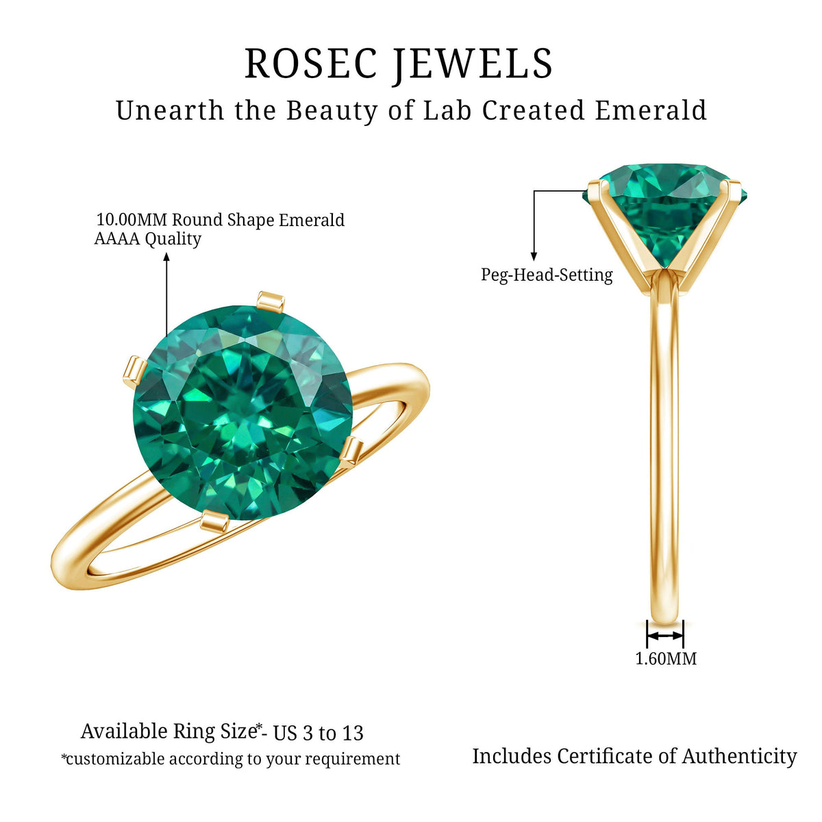3.5 Carat Round Lab Created Emerald Solitaire Engagement Ring