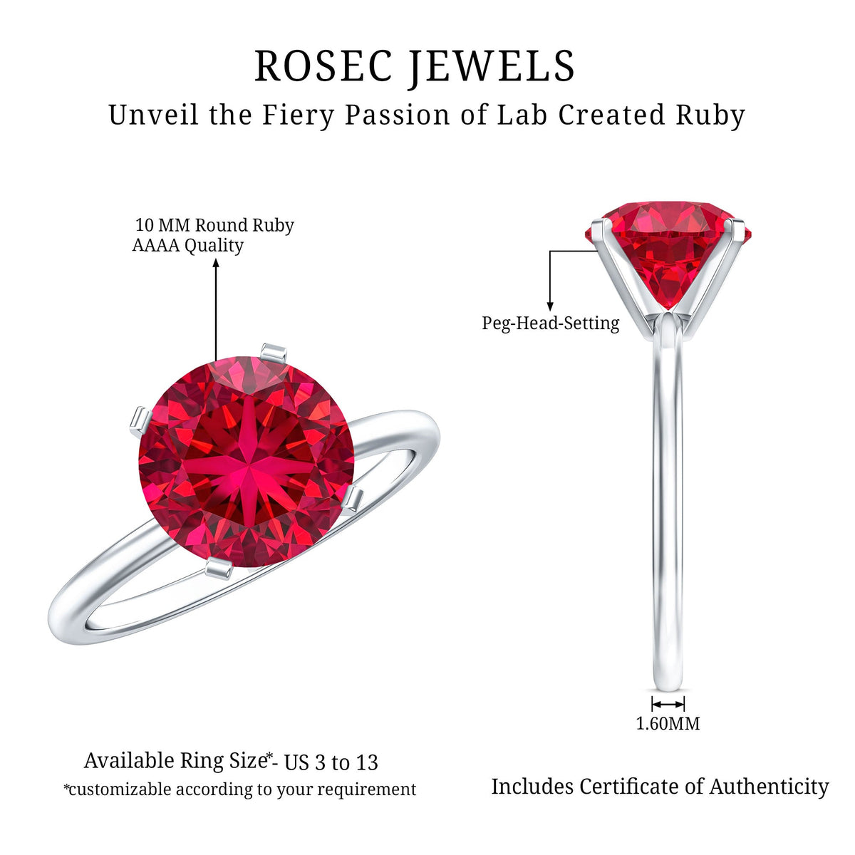 Solitaire Lab Grown 5 Carat Ruby Engagement Ring with Certificate