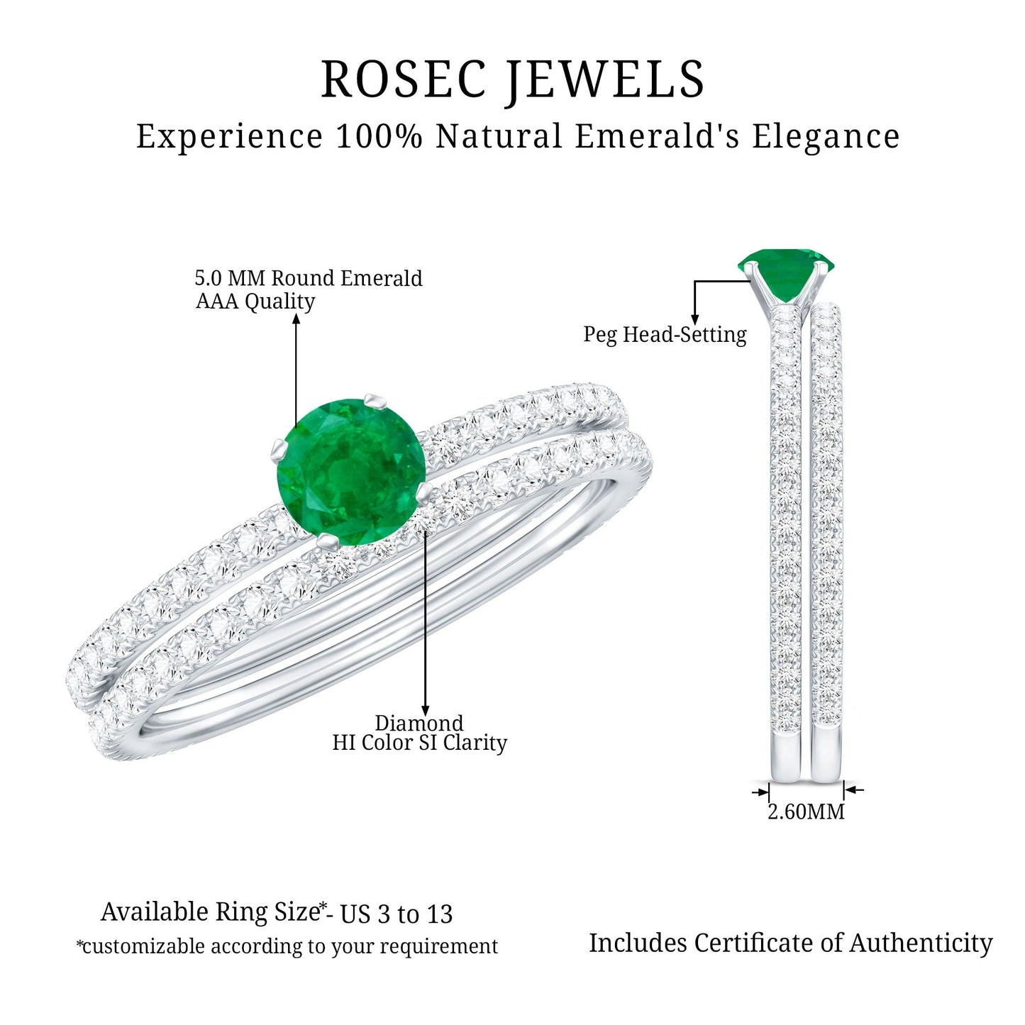 0.4 Carat Minimal Emerald Diamond Wedding Engagement Ring Set of 2