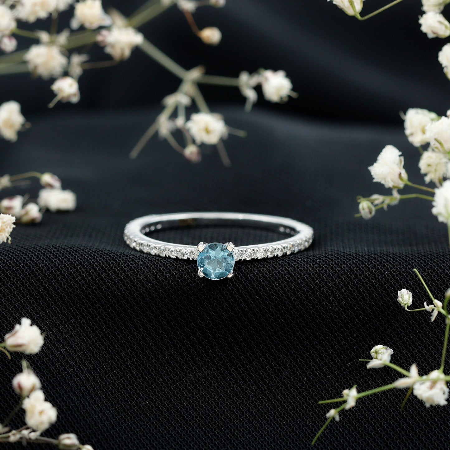 Real Aquamarine Solitaire Ring with Diamond Side Stones