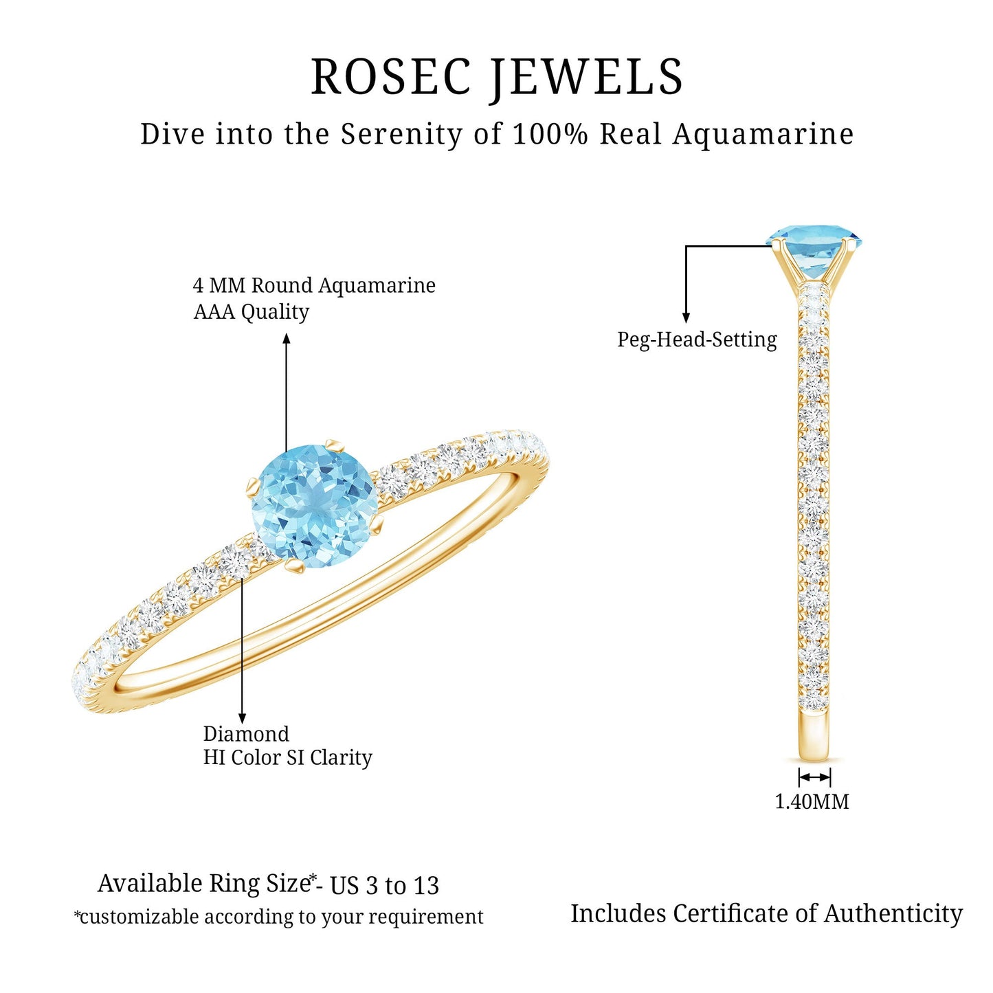 Real Aquamarine Solitaire Ring with Diamond Side Stones