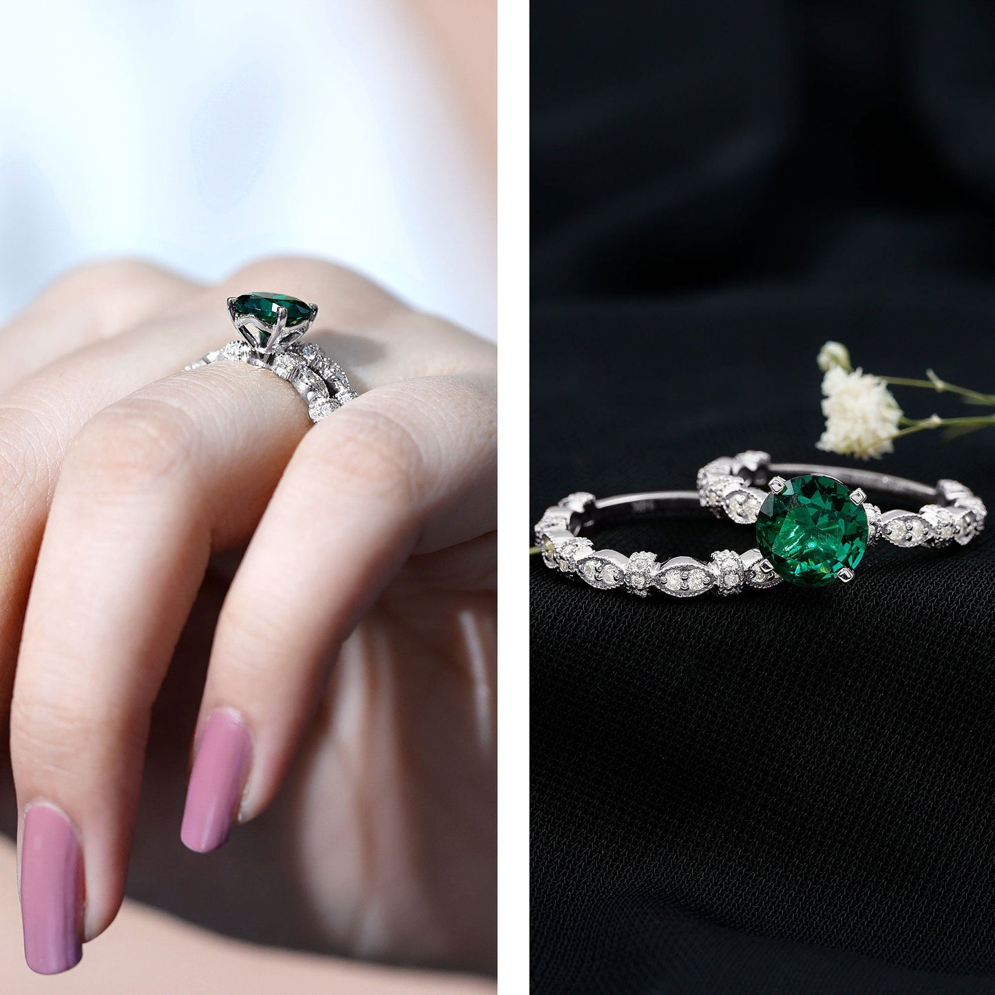 2 Carat Round Lab Created Emerald and Moissanite Vintage Inspired Ring Set
