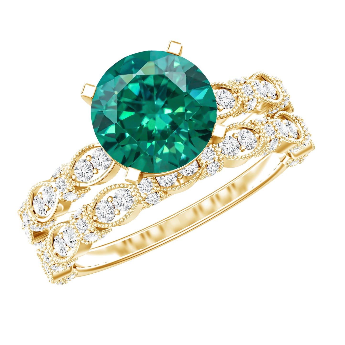2 Carat Round Lab Created Emerald and Moissanite Vintage Inspired Ring Set