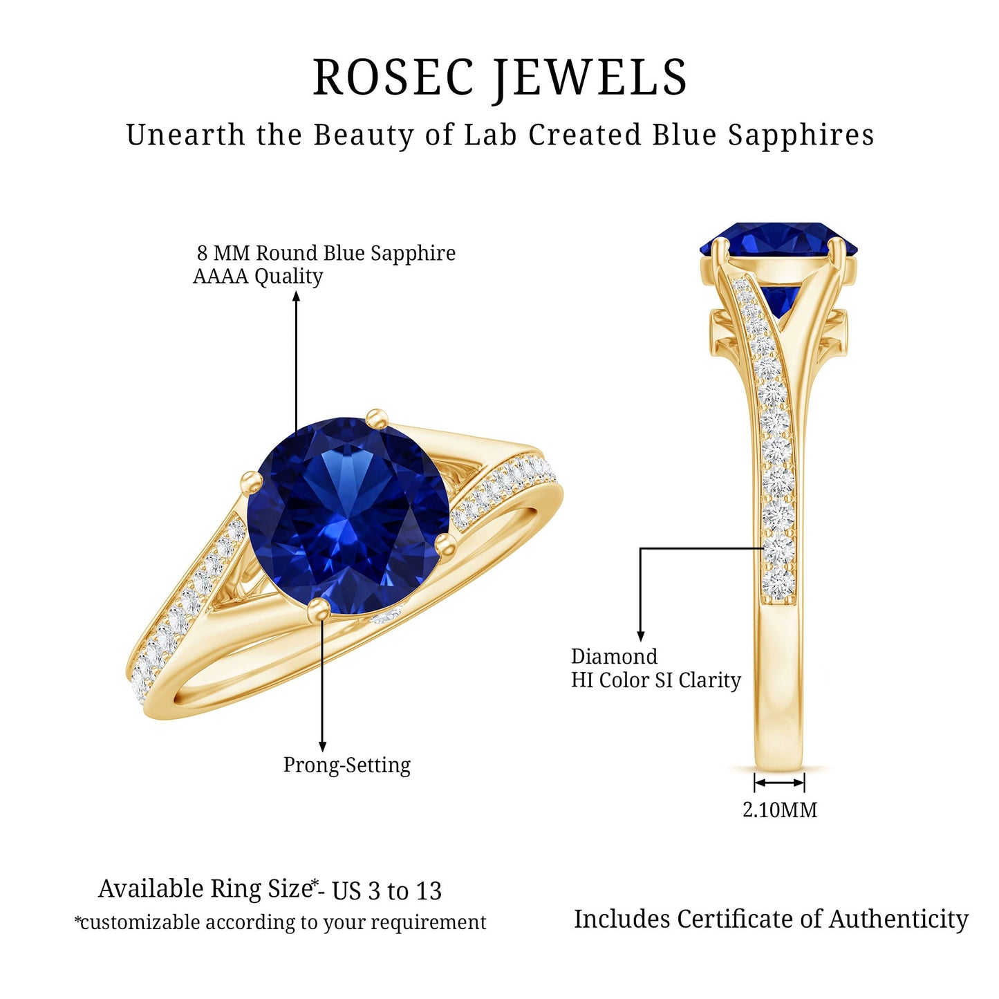 2.7 Carat Round Lab Grown Blue Sapphire Engagement Ring with Diamond Split Shank
