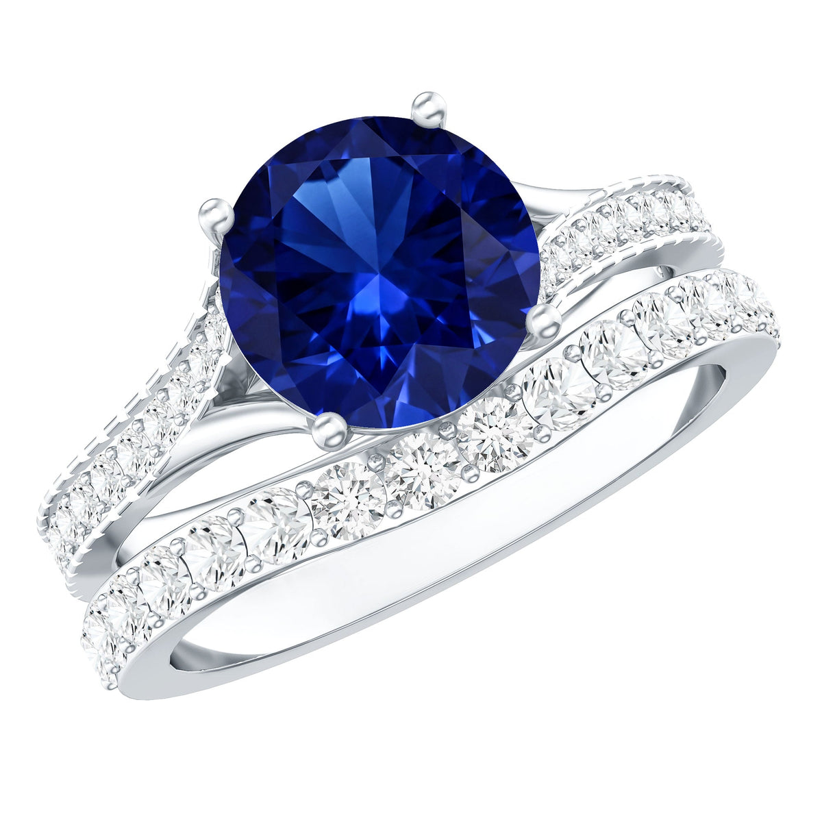 Certified 2.7 Carat Lab Grown Blue Sapphire Engagement Wedding Ring Set with Moissanite