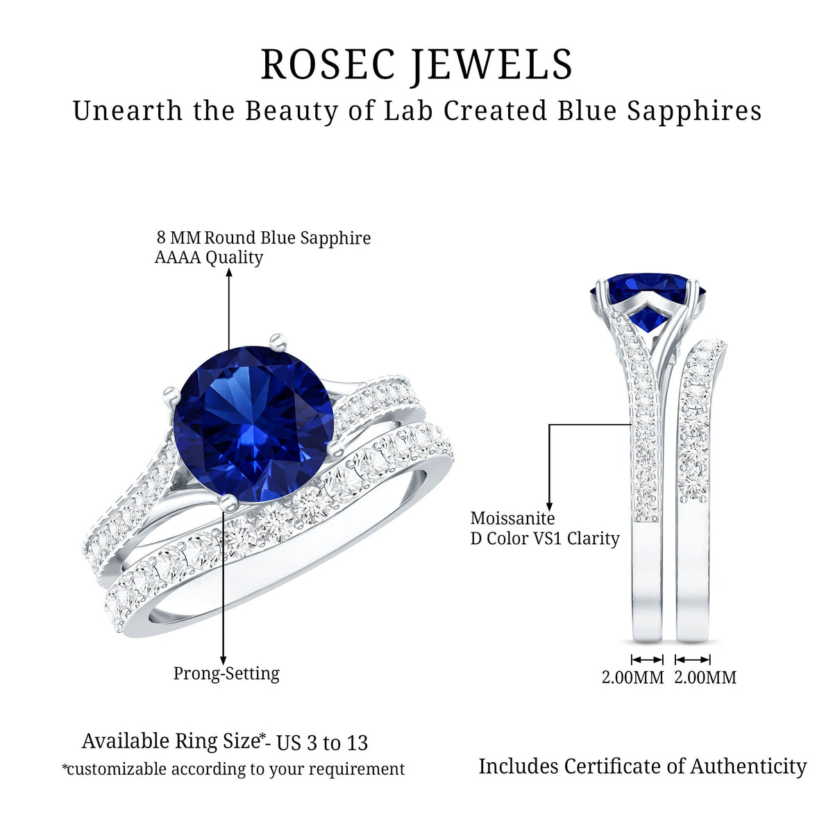 Certified 2.7 Carat Lab Grown Blue Sapphire Engagement Wedding Ring Set with Moissanite