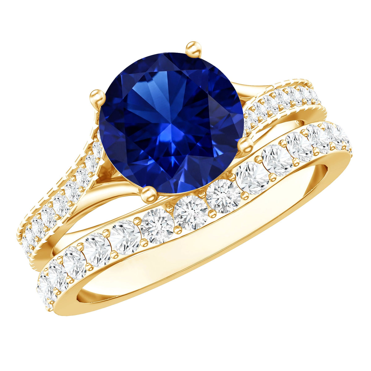 Certified 2.7 Carat Lab Grown Blue Sapphire Engagement Wedding Ring Set with Moissanite