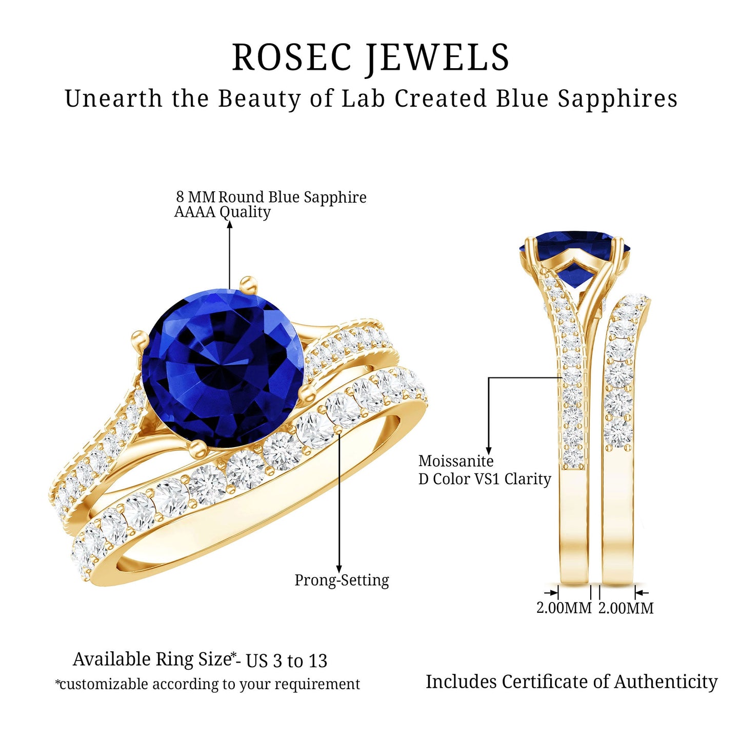 Certified 2.7 Carat Lab Grown Blue Sapphire Engagement Wedding Ring Set with Moissanite