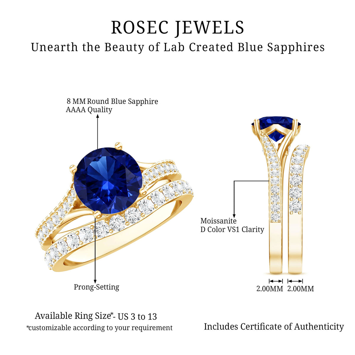 Certified 2.7 Carat Lab Grown Blue Sapphire Engagement Wedding Ring Set with Moissanite