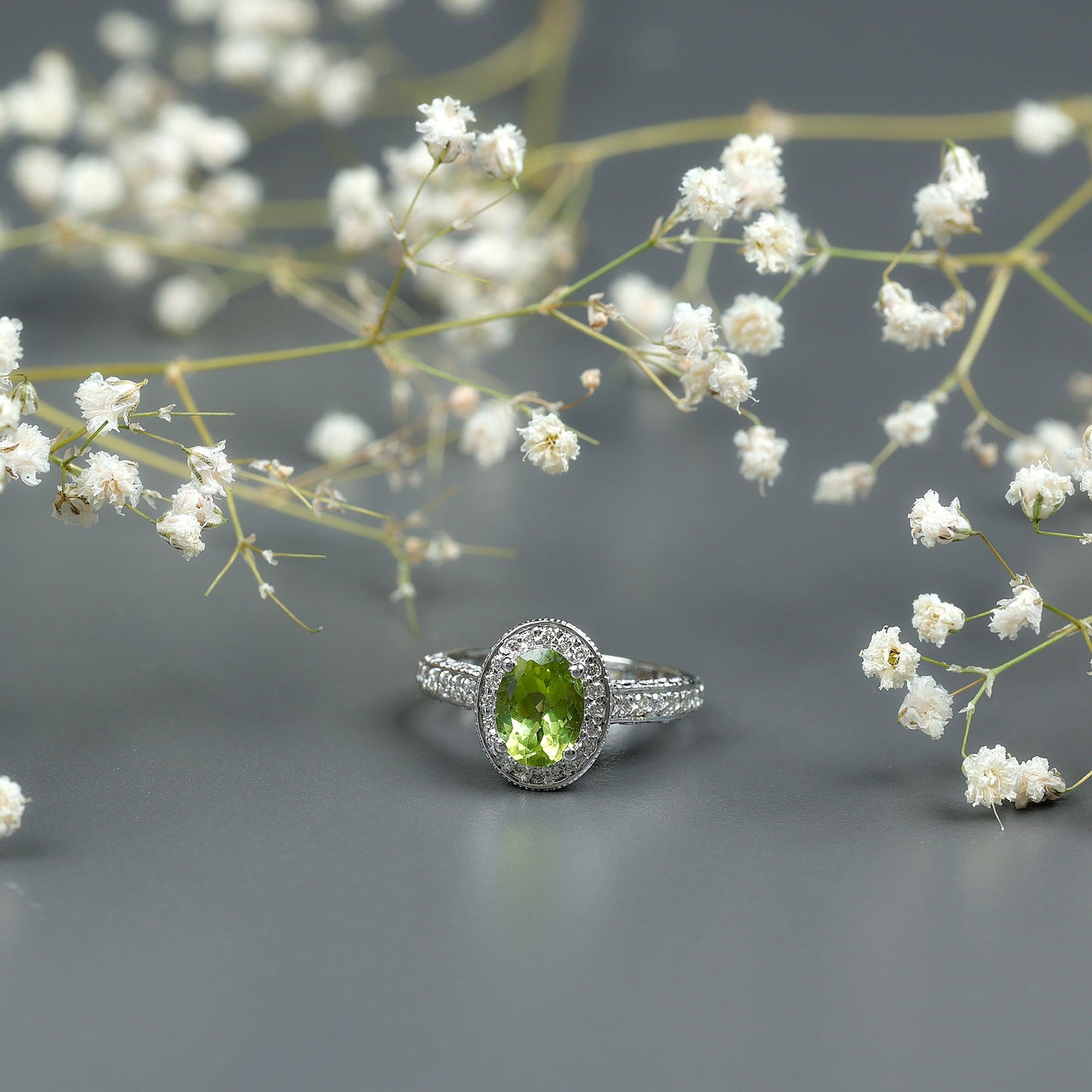 Natural Peridot and Diamond Engagement Ring with Milgrain Details