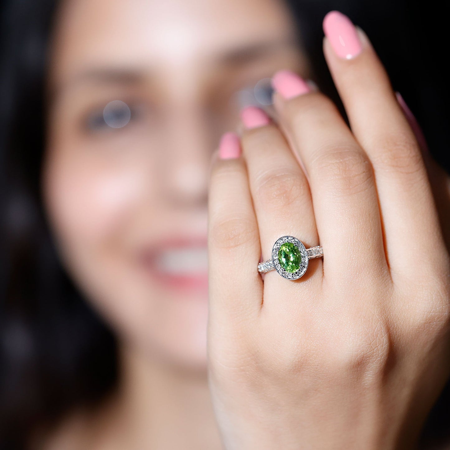Natural Peridot and Diamond Engagement Ring with Milgrain Details