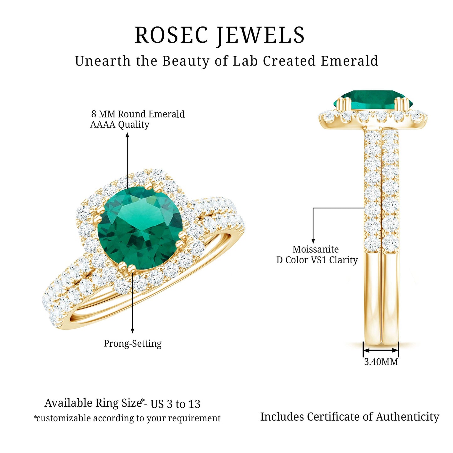 Certified Lab Grown Emerald Halo Engagement Ring with Moissanite Wedding Band