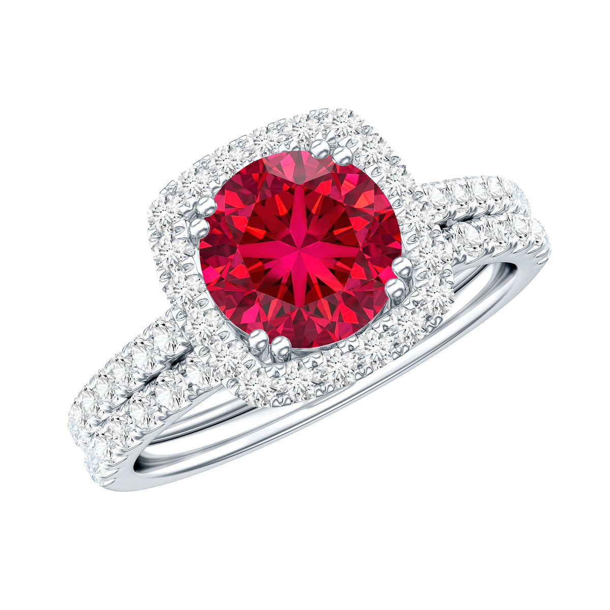 Lab Created Ruby and Moissanite Halo Wedding Ring Set for Bride