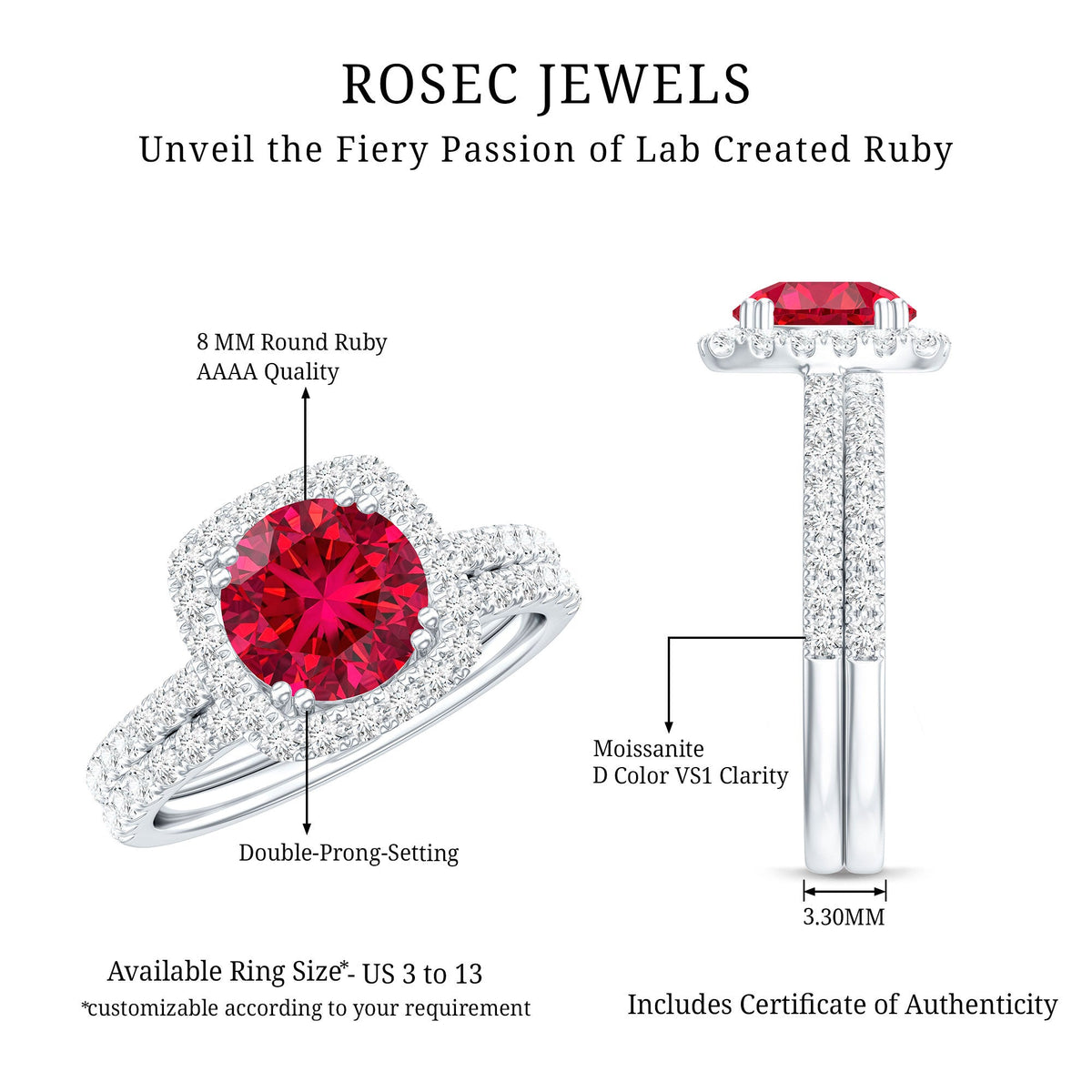 Lab Created Ruby and Moissanite Halo Wedding Ring Set for Bride