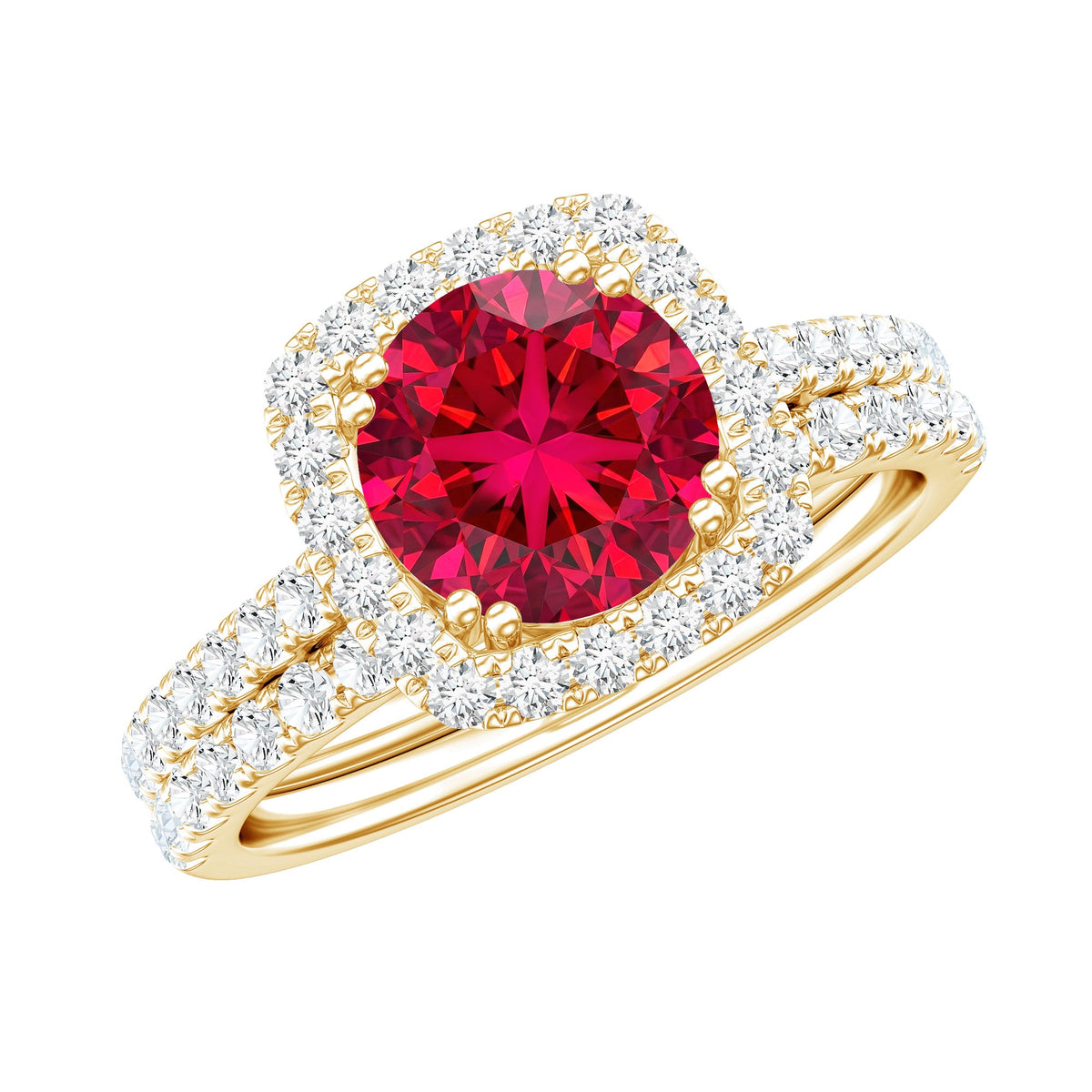 Lab Created Ruby and Moissanite Halo Wedding Ring Set for Bride