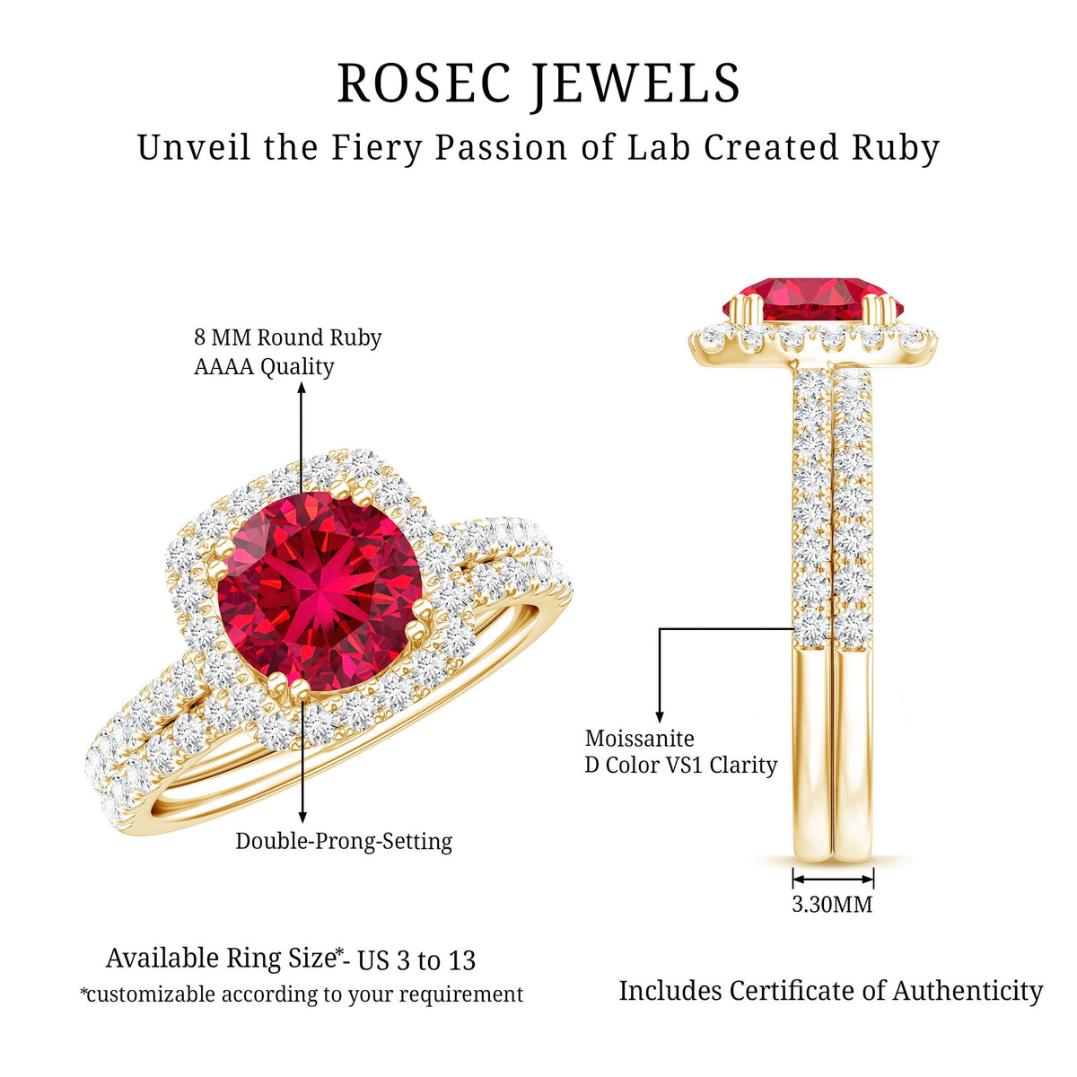 Lab Created Ruby and Moissanite Halo Wedding Ring Set for Bride